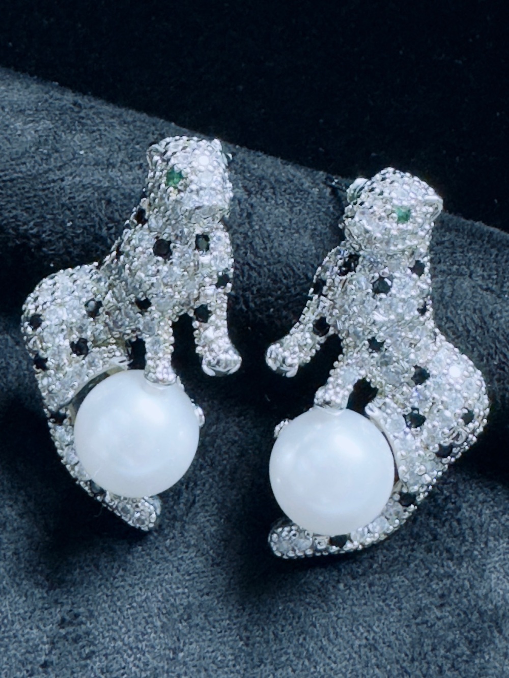 Pearl & Crystal Leopard Stud Earrings - Silver Tone